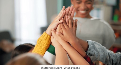 Children, hands and classroom for success or teamwork at school, learning and development with friends. Young, kids and collaboration at kindergarten with teacher for support, together for education - Powered by Shutterstock