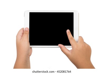 children hands holding a tablet touch computer with black screen, isolated on white background - Powered by Shutterstock