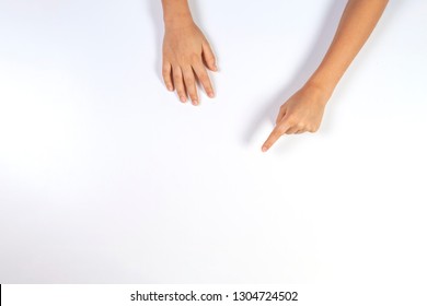 Children Hands Pointing On White Background, Top View