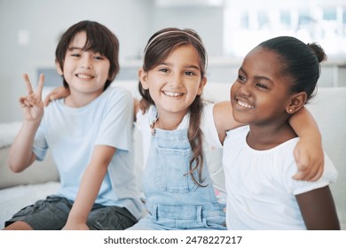 Children, happy and relax on sofa with portrait for bonding with adopted sister on vacation, getaway and summer break. Black girl, siblings and peace sign in living room of holiday house and together - Powered by Shutterstock