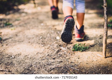 Children hiking in mountains or forest with sport hiking shoes. Girls or boys are walking trough forest path wearing mountain boots and walking sticks. Frog perspective with  blurred background.