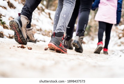 Children Hiking In Snow Mountains Forest On Family Trip. Active Family, Parents And Children Trekking In Winter In  Nature. Kids Are Walking In The Woods Trail Road In Cold Snowy Winter Time.