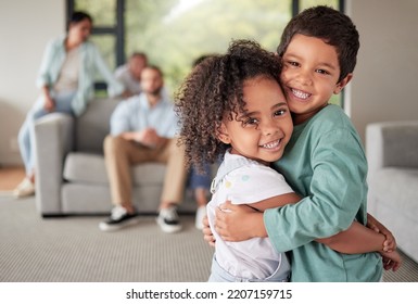 Children Hug, Happy Family And Portrait Of Kids With Love Together In Lilving Room Of House, Smile For Affection And Bonding In The Lounge Of Home. Girl And Boy Siblings Hugging In Happiness