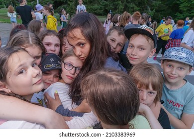 Children Hug When Saying Goodbye To Counselors.Rybinsk, Yaroslavl Region, Russia. Camp Vysokovsky Bor 19.06.2021.