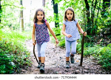 Children - Identical Twins Girls Are Hiking In The Mountains. Active Family, Parents And Children Mountaineering In The Nature. Kids Are Walking In Woods With Walking Sticks.