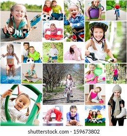 children are involved in sports. collage of photos