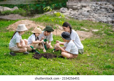 Children join as volunteers for reforestation, earth conservation activities to instill in children a sense of patience and sacrifice, doing good deeds and loving nature. - Shutterstock ID 2154256451