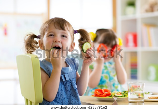 Children Kids Eating Vegetables Kindergarten Home Stock Photo (Edit Now ...