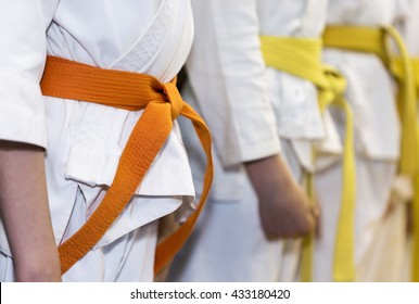 Children In Kimono Sitanding In A Line On Martial Arts Class