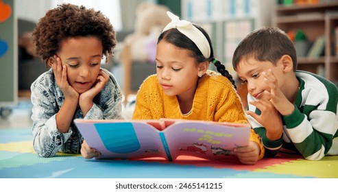 Children, kindergarten and reading book in classroom, childhood development and growth for vocabulary in school. Listening, knowledge and information with storybook, learning and fantasy for friends - Powered by Shutterstock