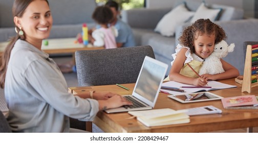 Children, Laptop And Woman Working From Home On Freelance Blog, Check Email And Girl Have Fun Playing In Living Room. Love, Multitask And Child Care Parents Or Mom Balance Work Life With Family Kids