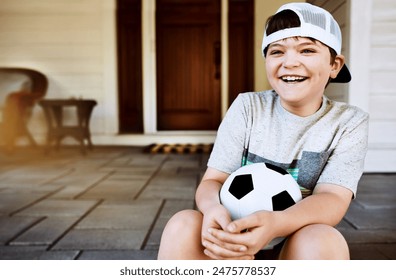 Children, laugh and funny boy on a porch with soccer ball for summer camp, learning and sports. Face, smile and kid with football outdoor for bootcamp, training or weekend games, development or home - Powered by Shutterstock