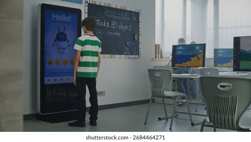 Children Learn Creating 3D Objects, and One Boy Communicates With AI Mood Tracker. Concept of Integrating Educational Technologies and Social emotional Learning Into Modern Education. Dolly Shot.
