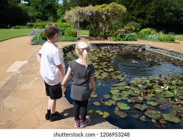 Children Looking At The Pond In Hylands Park, House, Chelmsford, Essex