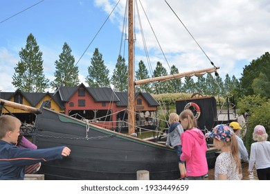 Children on board of the pirate ship at Astrid Lindgren's World theme park, Vimmerby, Sweden.  Pippi Longstocking  show. Children's entertainment. 