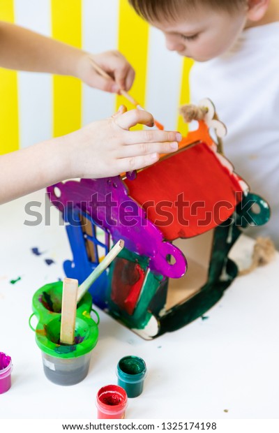 Children Paint Paints House Bird Feeders Stock Image Download Now