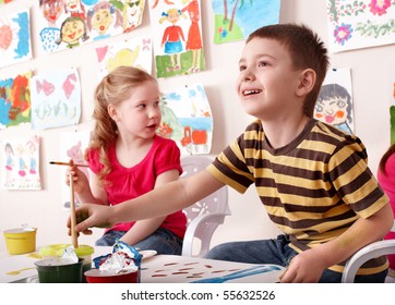 Children Painting In Art Class. Child Development.