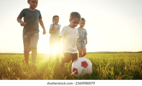 children in the park. happy group of children playing ball in the summer on the grass in the park sunset glare. happy family soccer kid dream concept. group of children playing ball in sun the park - Powered by Shutterstock