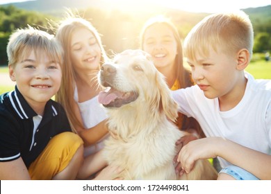 Children play with a dog in nature. A group of children in the street with a cradle.