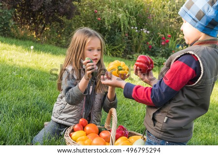 Similar – Image, Stock Photo Boy taking photo to family with apples in basket