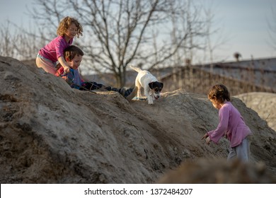 Children Play On The Hill Of Mud With A Dog