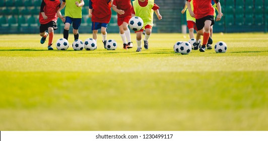 Children Play Soccer At Grass Sports Field. Football Training For Kids.  Children Running And Kicking Soccer Balls At Soccer Pitch. Soccer Background With Copy Space On The Bottom