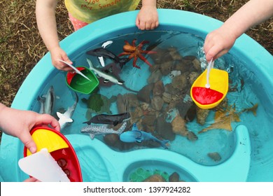 Children Playing With Boats And Sea Creature/Ocean Life Toys In A Water Table.
Science/STEM Activity Being Enjoyed By Children In A Daycare/child Care/home School Setting.