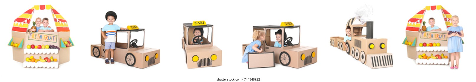 Children Playing With Cardboard Boxes On White Background