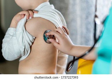 Children Playing Doctor And Sick, Visit The Patient With A Stethoscope, During The Quarantine Time