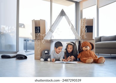 Children, playing and drawing in sketchbook for fun, hobby and entertainment in home for education. Young people, kids and learning for youth development, growth or creativity as siblings in bonding - Powered by Shutterstock