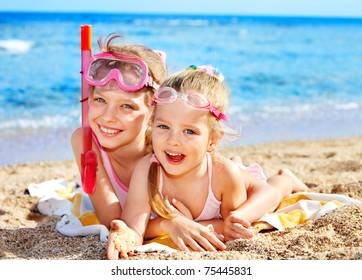 Children Playing On  Beach. Snorkeling.