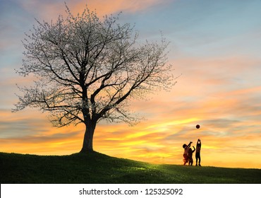 Children Playing On Beautiful Meadow With Ball Around The Tree