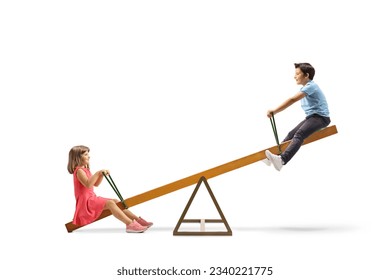 Children playing on a wooden seesaw isolated on white background