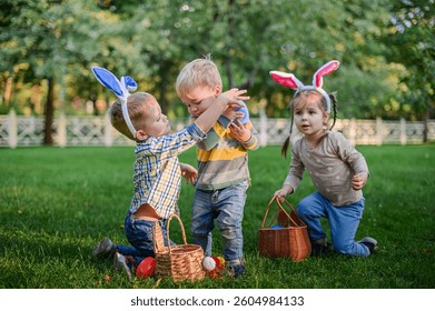 Children Playing and Sharing Easter Eggs During Outdoor Hunt