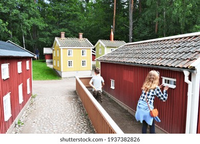 Children Playing At The Small Town Of Vimmerby.  Astrid Lindgren's World Theme Park, Vimmerby, Sweden. 