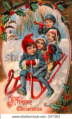 Children Playing in the Snow- Winter Sleigh Scene - a 1910 'Currier and Ives' type vintage greeting card illustration