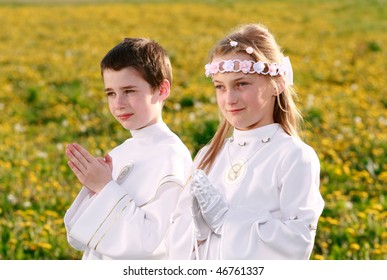 Children Portrait In First Holy Communion, Praying Hands, Rite Of Passage, Clear Conscience