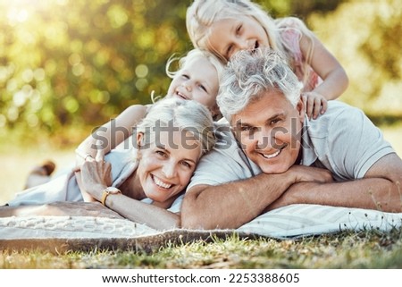 Children portrait, seniors or lying hug in park, home nature picnic or house garden in fun, silly or goofy activity. Smile, happy or retirement elderly with kids in family bonding social and embrace