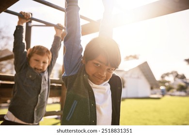 Children, portrait and swing on monkey bars, playing together and friends at park for fun. Kids, boys and games on jungle gym playground for childhood, energy and students for freedom at recess - Powered by Shutterstock