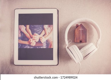 Children Praying With Father Parent With Digital Tablet, Family And Kids Worship Online Together At Home, Streaming Online Church Service, Social Distancing, New Normal Concept