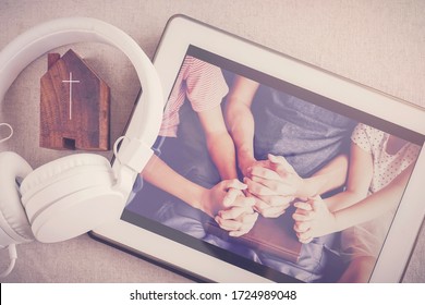 Children Praying With Father Parent With  Digital Tablet, Family And Kids Worship Online Together At Home, Streaming Online Church Service, Social Distancing, New Normal Concept