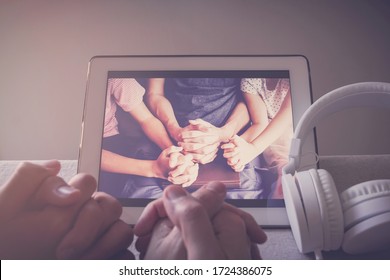 Children Praying With Father Parent With Laptop, Family And Kids Worship Online Together At Home, Streaming Online Church Service, Social Distancing Concept