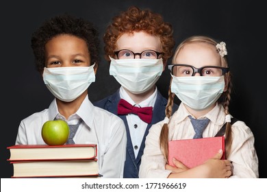 Children In Protective Face Mask On Black Background, Back To School And Covid-19 Concept