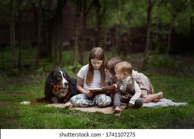 Children Reading Book Together With Big Dog In Summer Glade, Three Children With A Bernese Mountain Dog Pet, Friendship Of A Child And A Dog, Dog Therapy Concept.