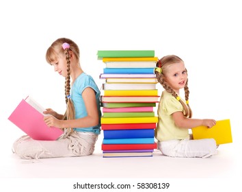 Children Reading Pile Of Book. Isolated.