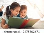 Children, reading and siblings in home with book for story time, education and literature adventure for storytelling. Boy, girl and together on floor for fantasy or bonding, learning and development.