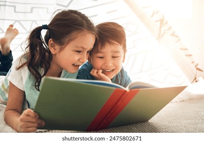 Children, reading and siblings in home with book for story time, education and literature adventure for storytelling. Boy, girl and together on floor for fantasy or bonding, learning and development. - Powered by Shutterstock