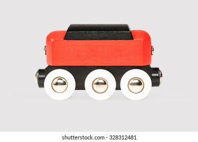 Children Red Black Wooden Wagon Close-up Side View Isolated On Gray Background