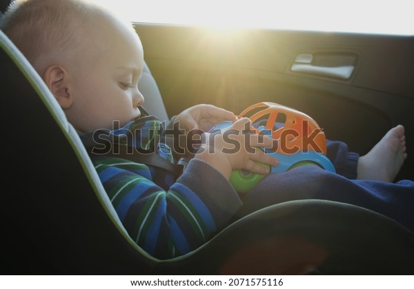 Children road safety concept.
Toddler boy traveling in car sitting in child safety seat with toy
car.
