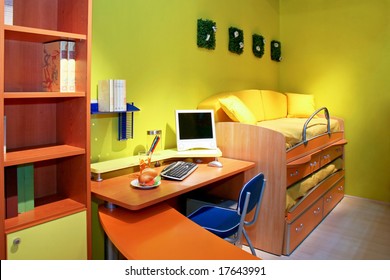 Children Room With Double Bed And Desk